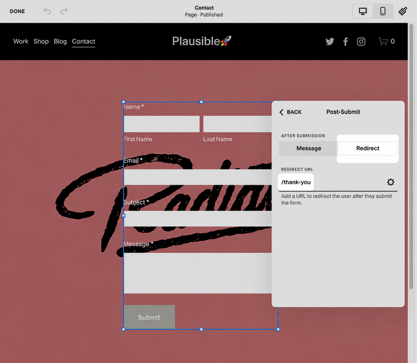 Add redirect URL to your form in Squarespace
